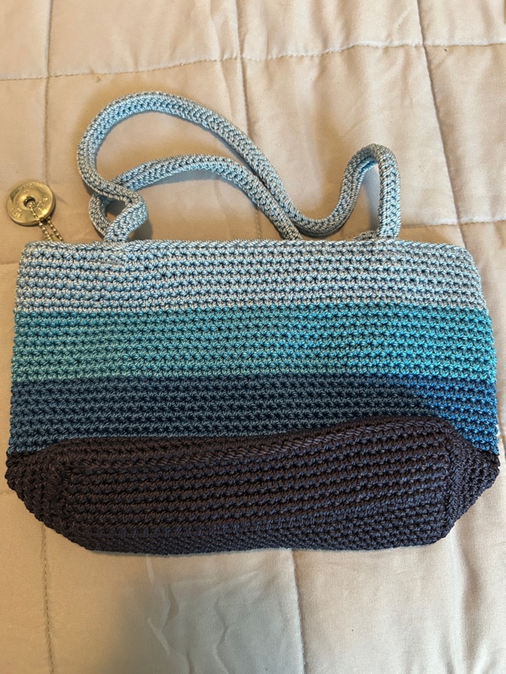 The Sak Striped Crochet Tote in Light Blue, Teal and Navy